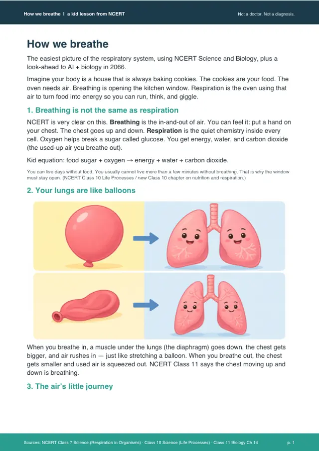 'How we breathe' learning PDF का पहला page — lungs को balloon की तरह समझाते illustrations